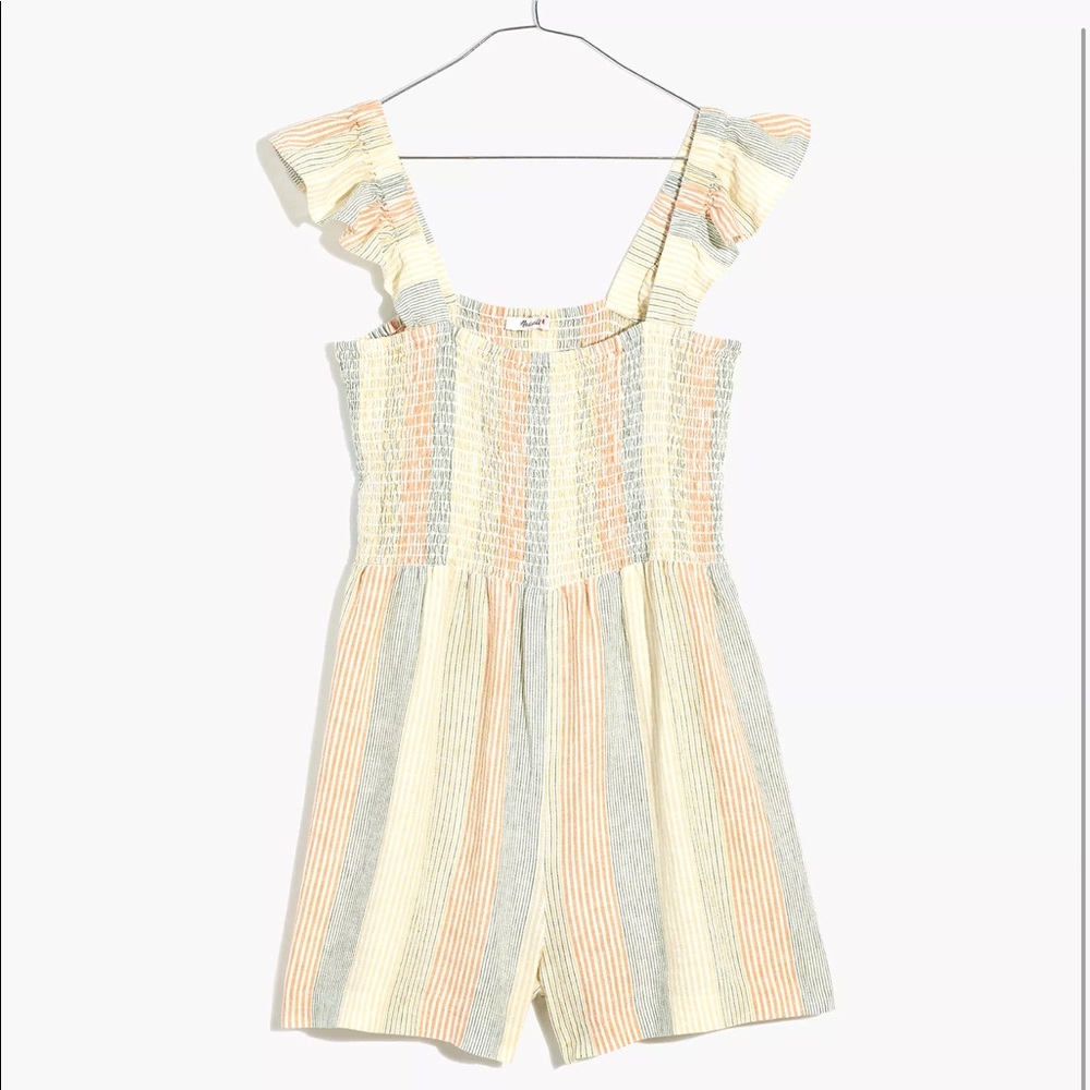 Madewell Linen-Blend Lucie Smocked Romper in Stripe NWT 0